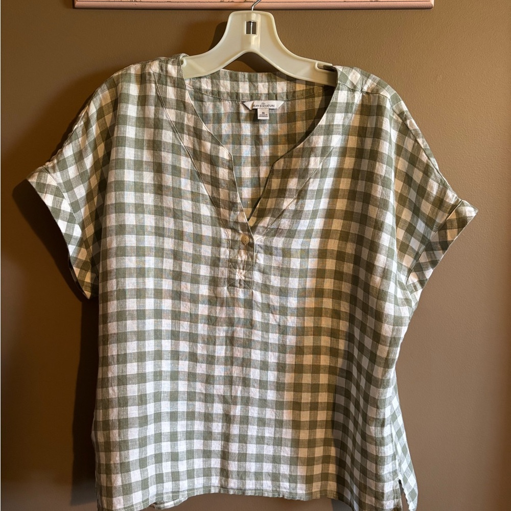 L.L. Bean Signature Collection Olive and White Checkered Top